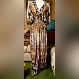Golden Brown, Black & Cream MaxiDress with Smocked Waist & Pleated Skirt